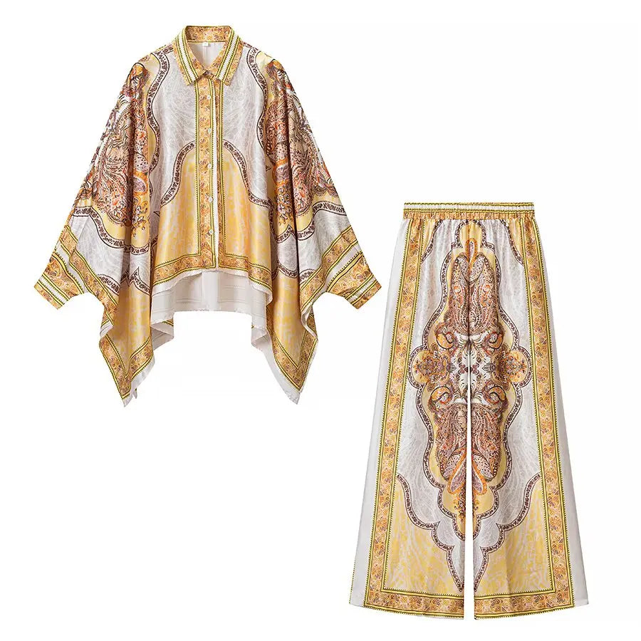 Early Autumn New Arrival Women's Fashion Simple Versatile Casual Print Set Long Sleeve Button up Polyester Fiber Two-Piece Set - Shellss