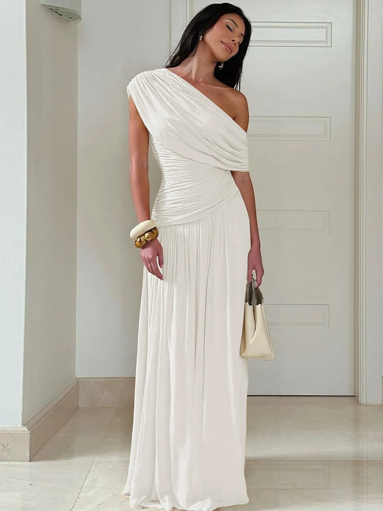 Hugcitar One Shoulder Ruched Sleeveless Solid Pleated Sexy Irregular Y2K Maxi Dress Summer Elegant Party Women Clothes Vacation - Shellss