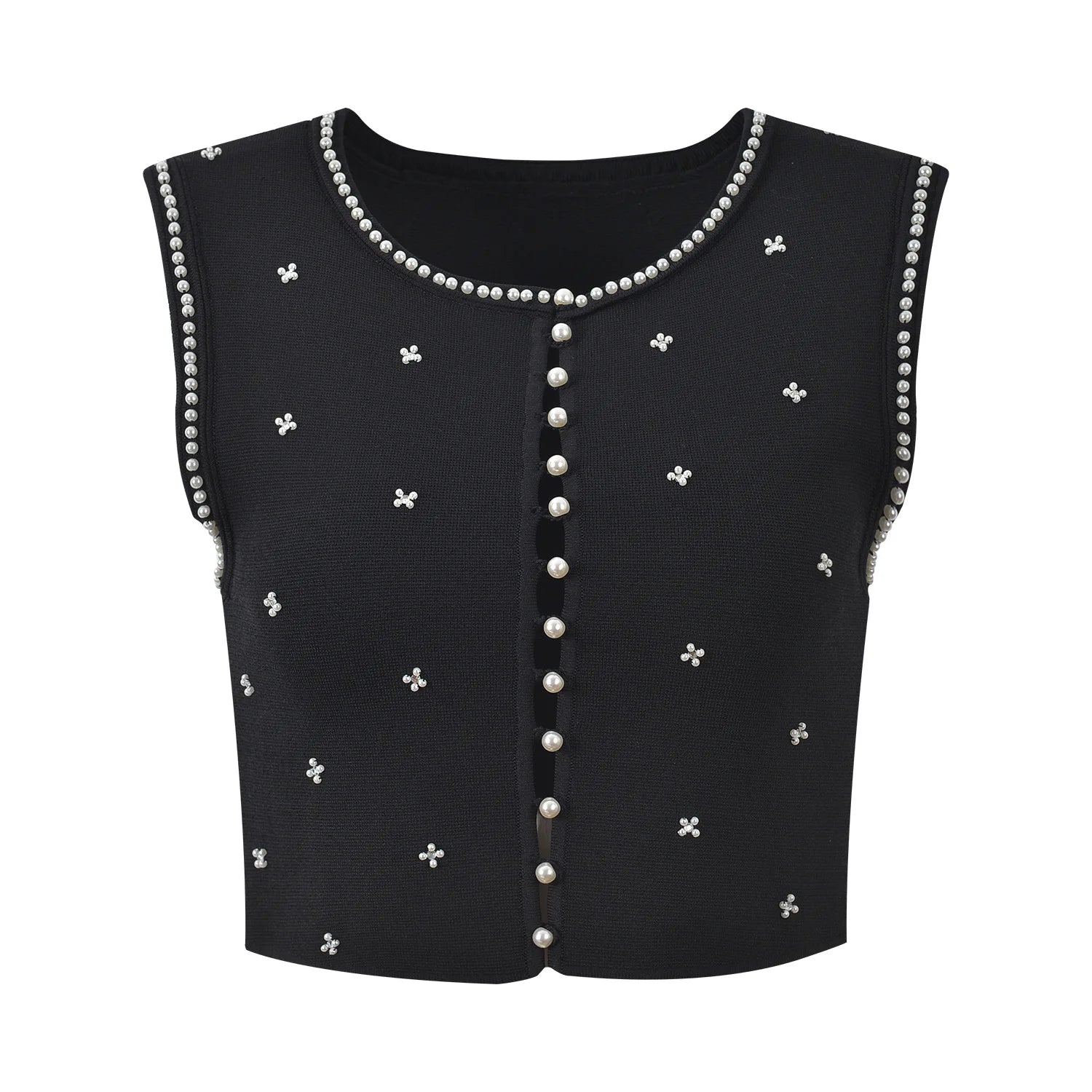 Sandro Summer New French Style Heavy Beaded Slim Fit Black Round Neck Sleeveless Top + Skirt