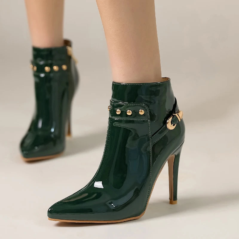 Fashion Women's Ankle Boots Patent Black Green Short Boot Point Waterproof High Heels Party Dance Shoes Female Large Size 45 50