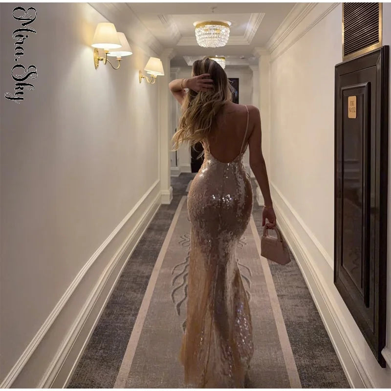Black Floral Sequin Maxi Dress Sexy Spaghetti Strap Deep V Fishtail Outfit 2026 Summer Luxury Gala Formal Wedding Party Gowns
