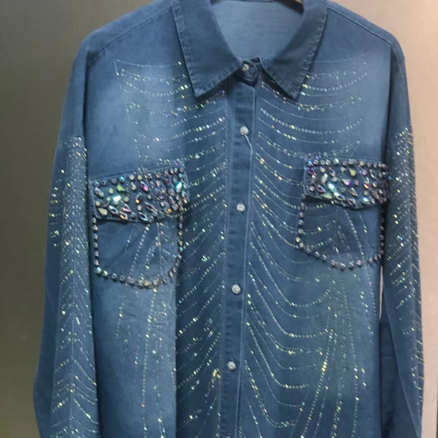 New In Autumn Sparkle Diamonds Mid-length Denim Shirts & Blouses For Women's Fashion Trend 2024   Tops Blusas Woman Clothes