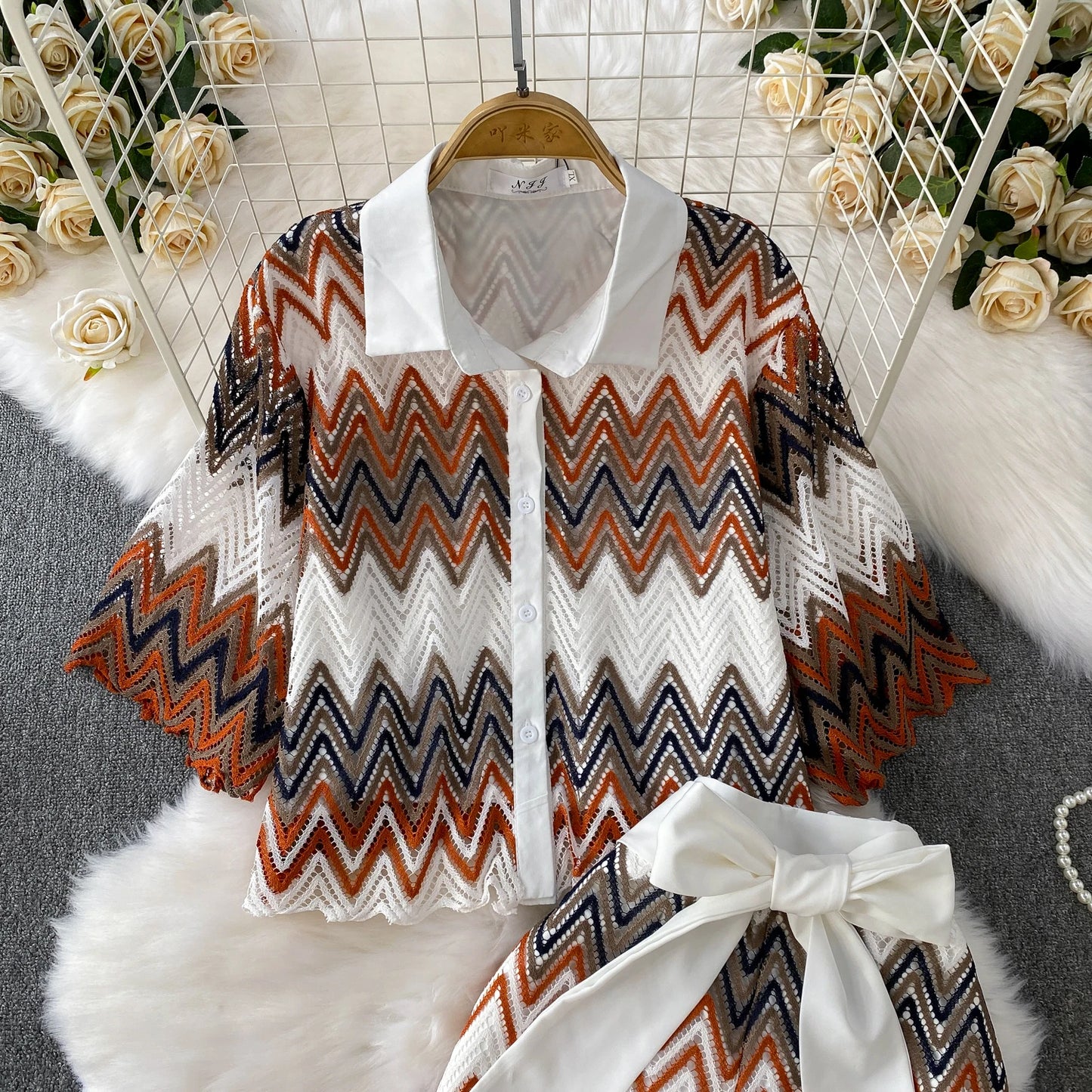Retro Hollow out Wave Knit Set