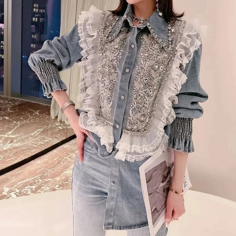 2025 Chic Diamonds Beaded Flowers Denim Blouses Rhinestones