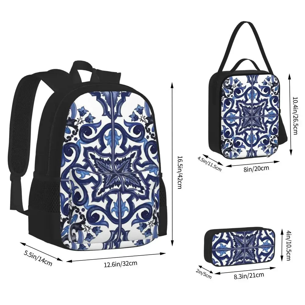 Blue Ornate Floral Mediterranean Sicilian Tile Backpacks Bookbag Children School Bags Rucksack Lunch Bag Pen Bag Three-Piece Set