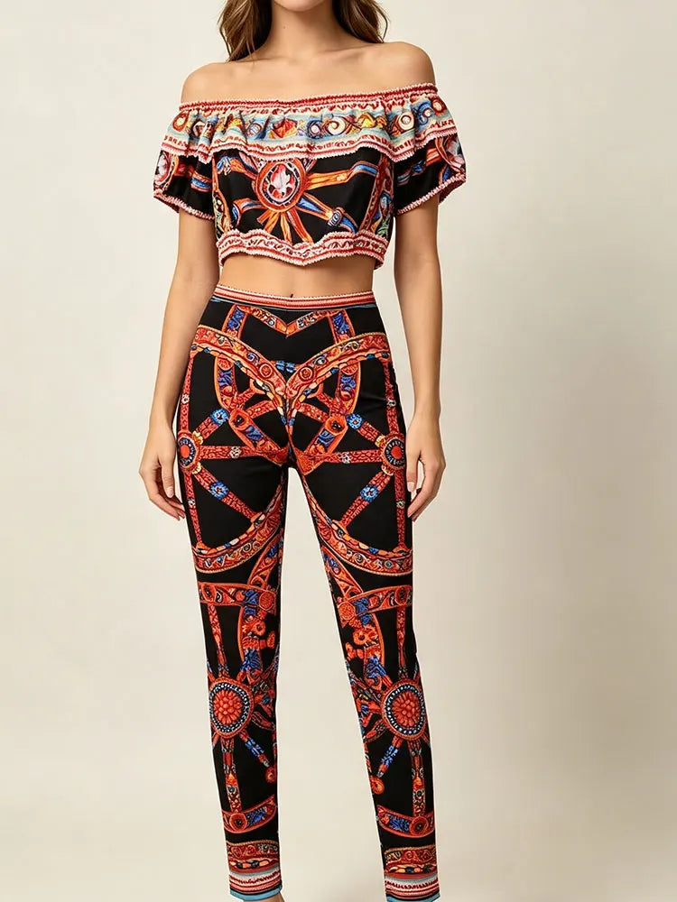 Summer New 2026 Printed Two-Piece Suit with One-Word Collar Sexy Waist-Exposed Top And Elastic Waist Slim Trousers for Holiday - Shellss