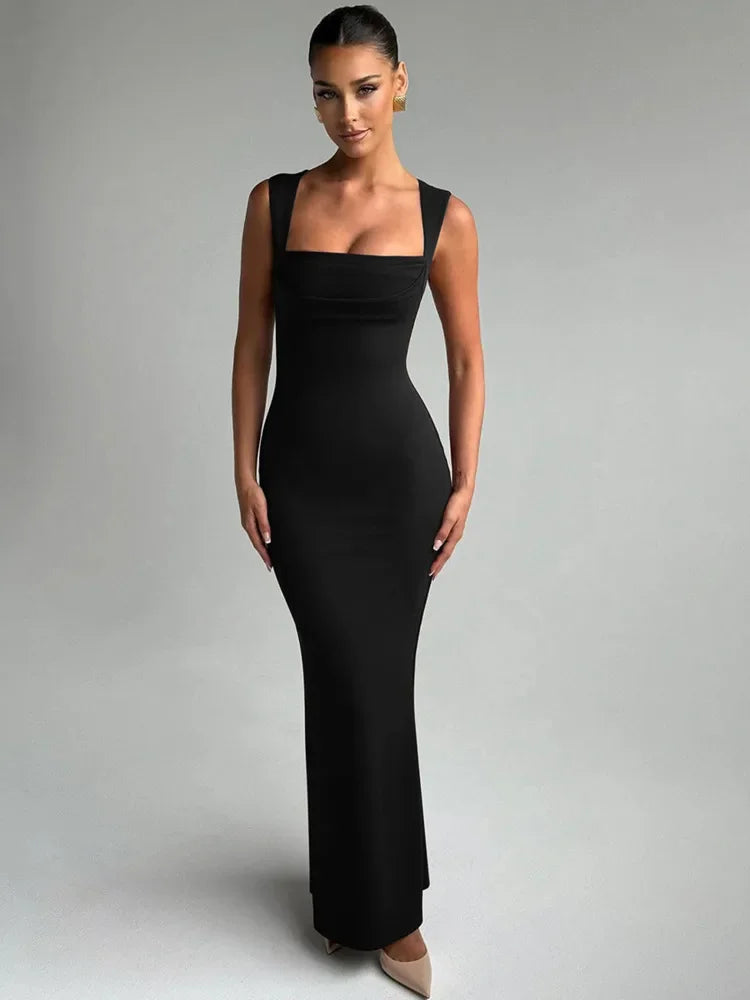 Square Collar Sleeveless Sexy Maxi Dress For Woman Fashion Spring Summer New High Waist Bodycon Club Party Long Dress - Shellss