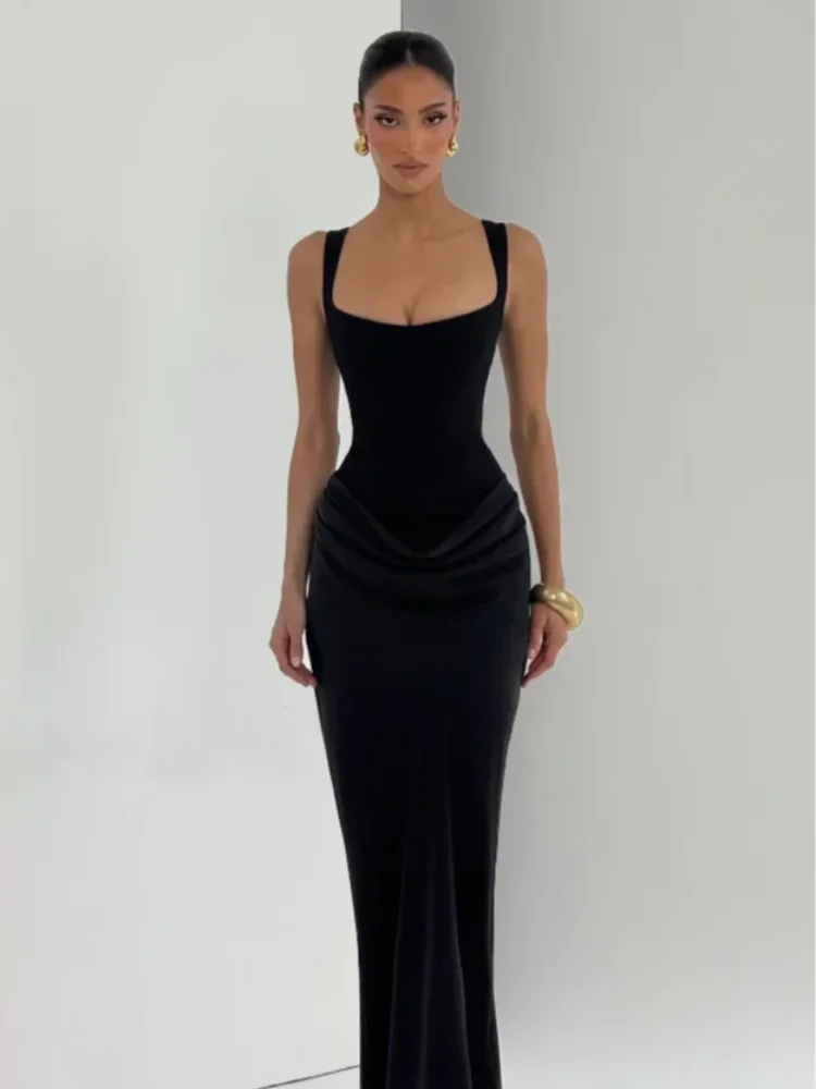 Solid Pleated Sling Dress Square Neck Sleeveless Off-shoulder Waist Cinching Slim Women Dresses Fashion Evening Party Gown 2025 - Shellss