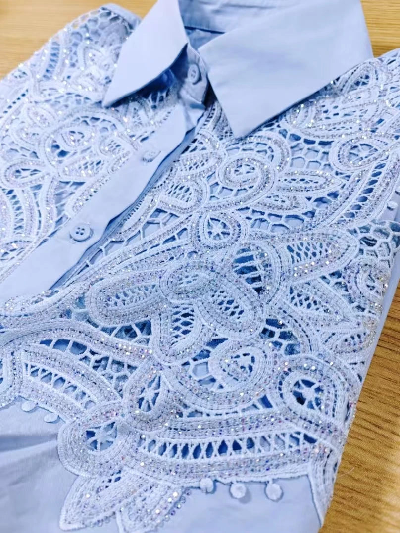 Luxury Brand Sparkle Embroidery Cotton Blue Blouses