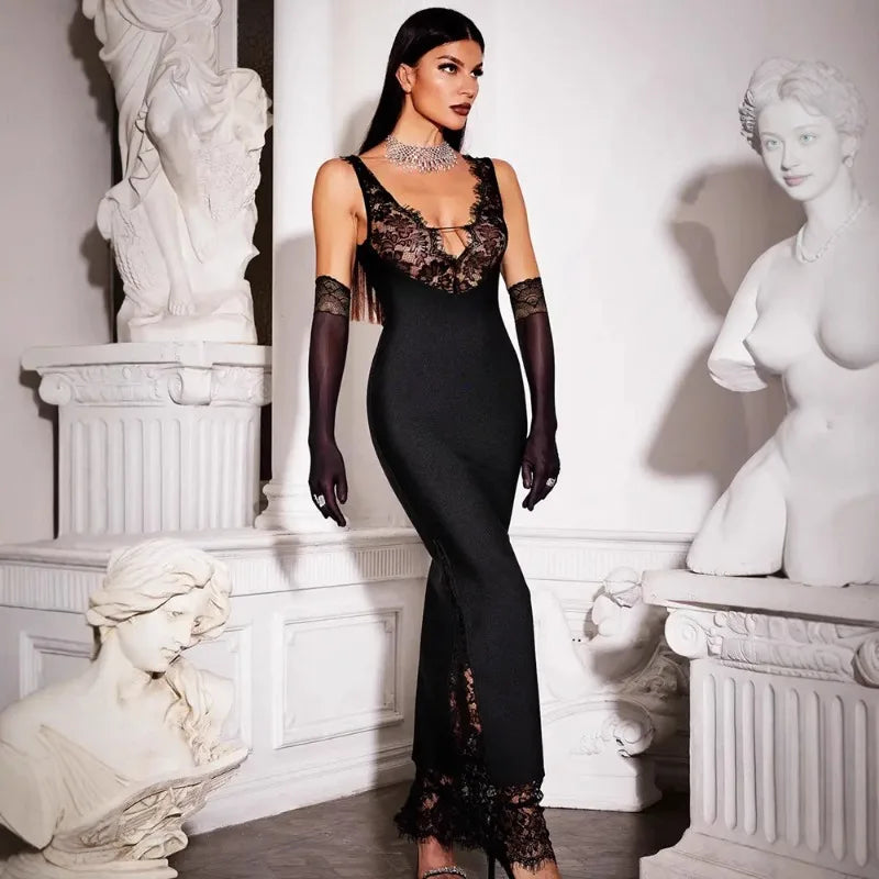 2026 Summer Fashion New Women's Elegant Lace Edge Strap Skirt Satin Splicing Sexy Temperament Bag Hip Split Dress