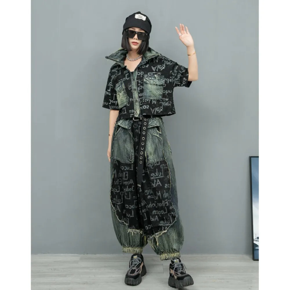 Letter Printed Denim Jacket + Lantern Pants 2 piece set