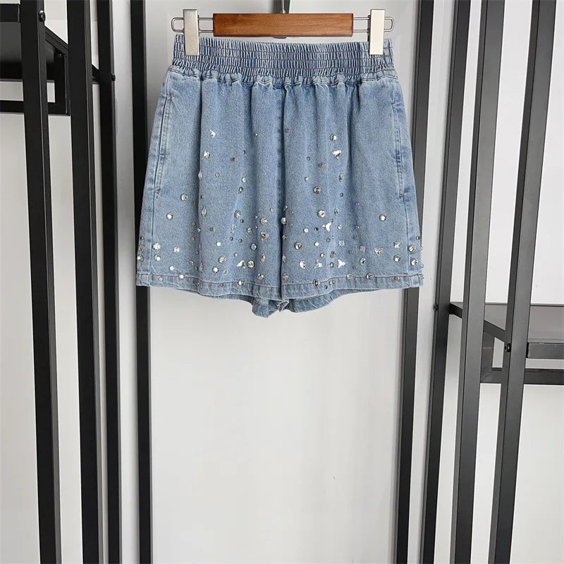 2025 Denim Blue Rhinestone Lapel Top & Shorts