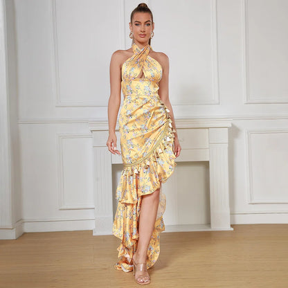 Beautiful Yellow Neck Fringe Floral Skirt Sexy Sleeveless Dress