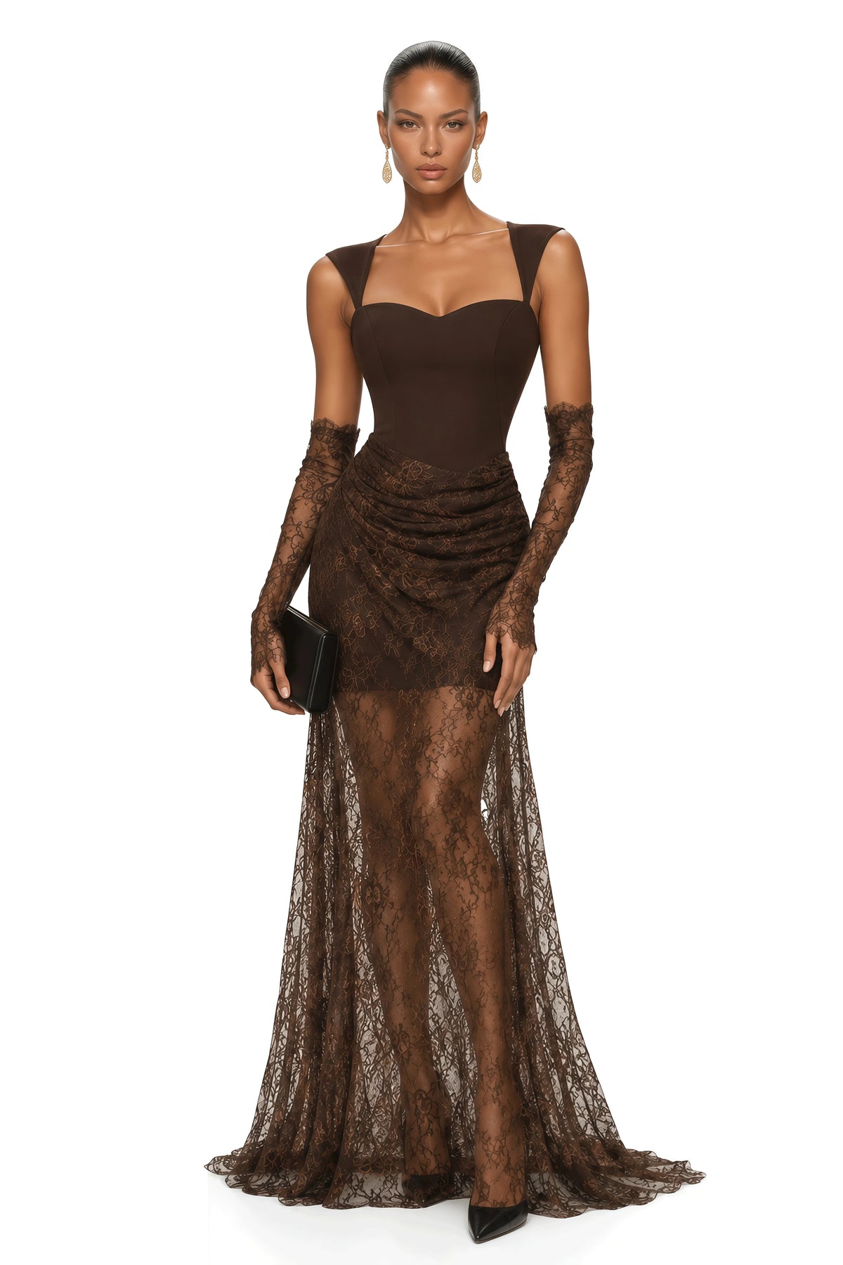 Vintage Luxury Brown Sheer Lace Floor Length Evening Gown Elegant Women Party Gown for Dubai Saudi EID Gala Dinner Wedding Guest - Shellss