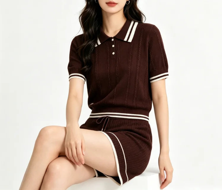Summer 2026 Ice Silk Knitted  Collar Short Sleeve Shorts Set Women's Casual Loose Fit Striped Pattern Button Closure
