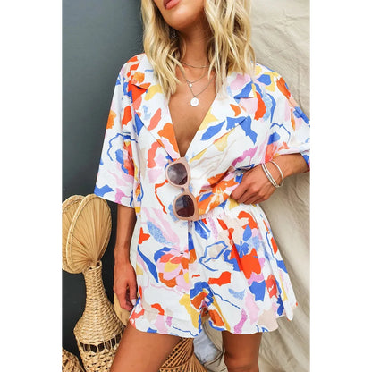 Retro Print Short Sleeve 2PCS Loose Suits