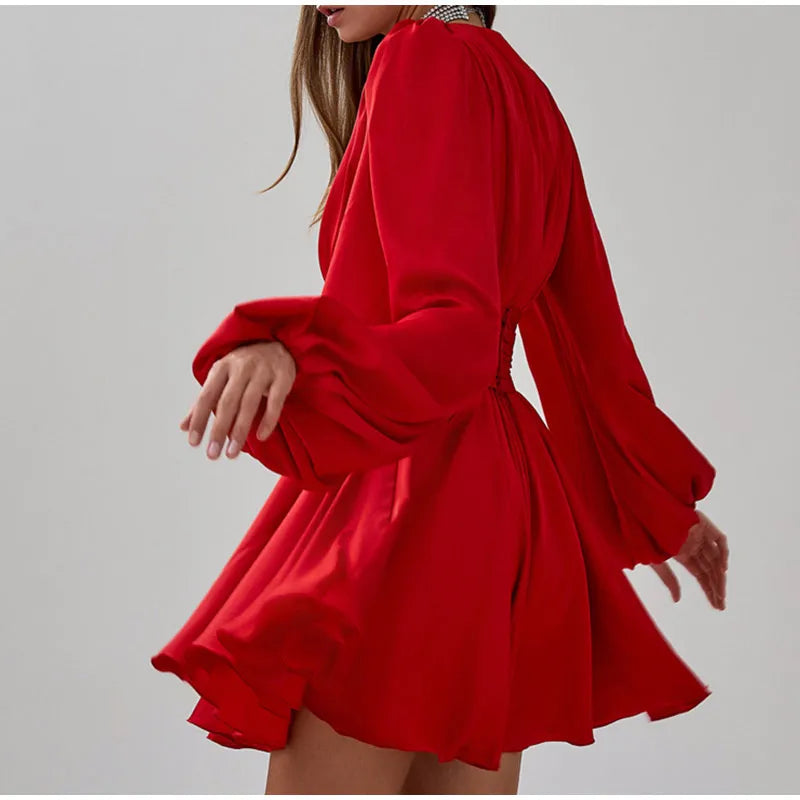 Elegant Red High Waist Long Lantern Sleeve Female Dress