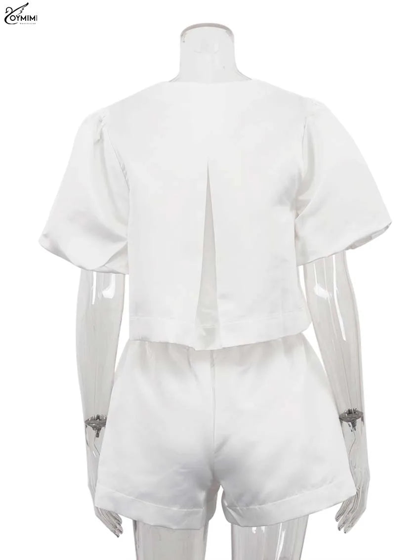 White Satin 2 Piece Sets Puff Sleeve