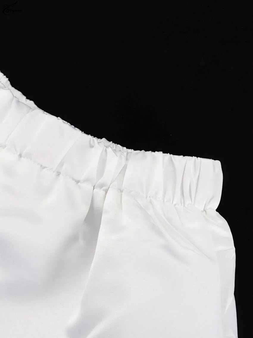 White Satin 2 Piece Sets Puff Sleeve
