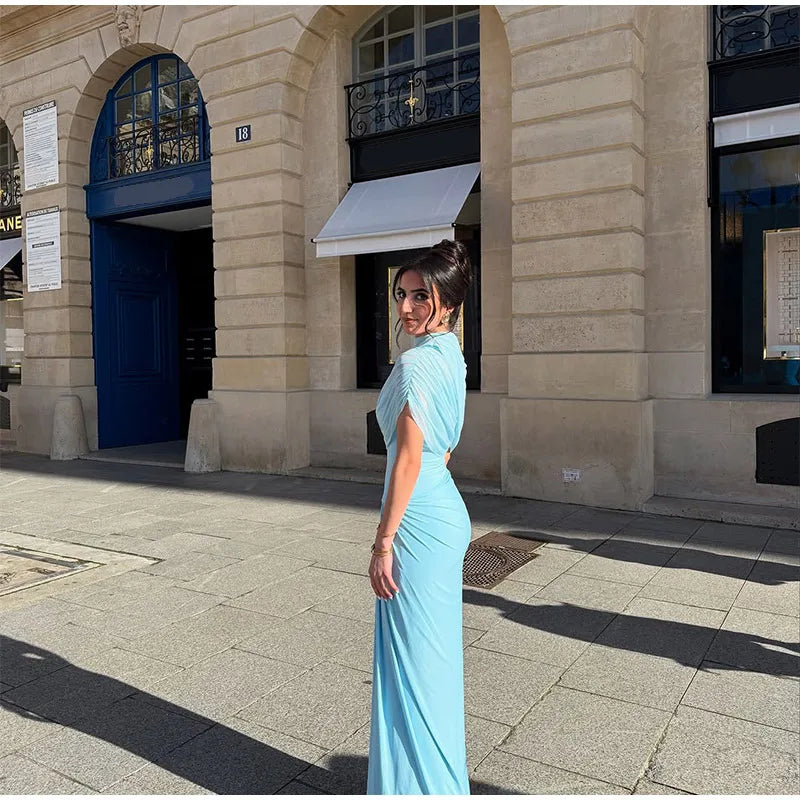 Irregular Shawl Blue Maxi Dress Women's Fashion Turtleneck Slim Fit Pleated Vestidos 2025 New Lady Evening Party Robes Summer - Shellss