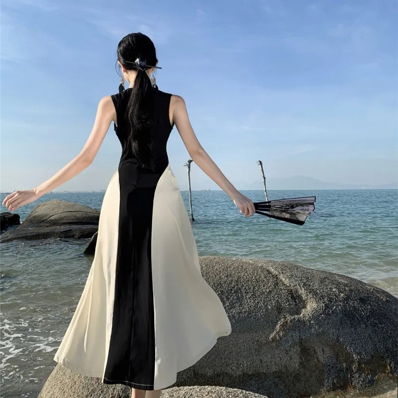 French Contrasting Color Patchwork Dress