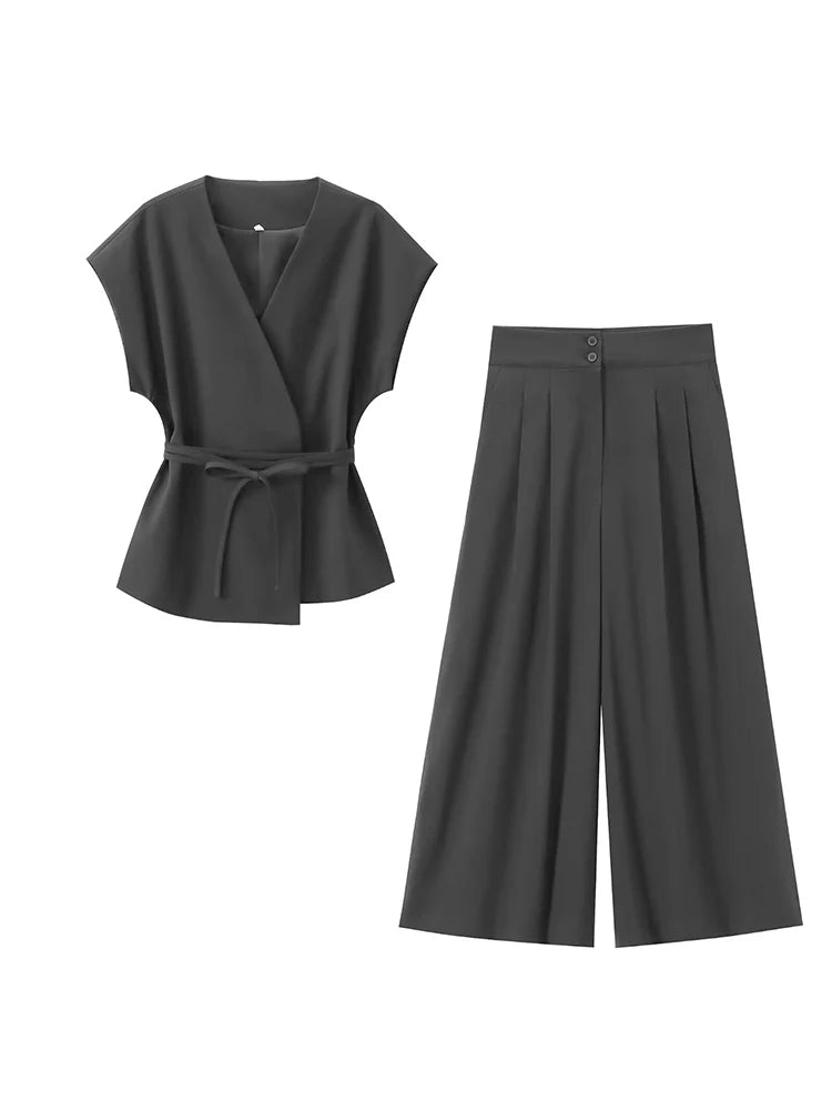 V-Neck Wrap Belted Pants Sets
