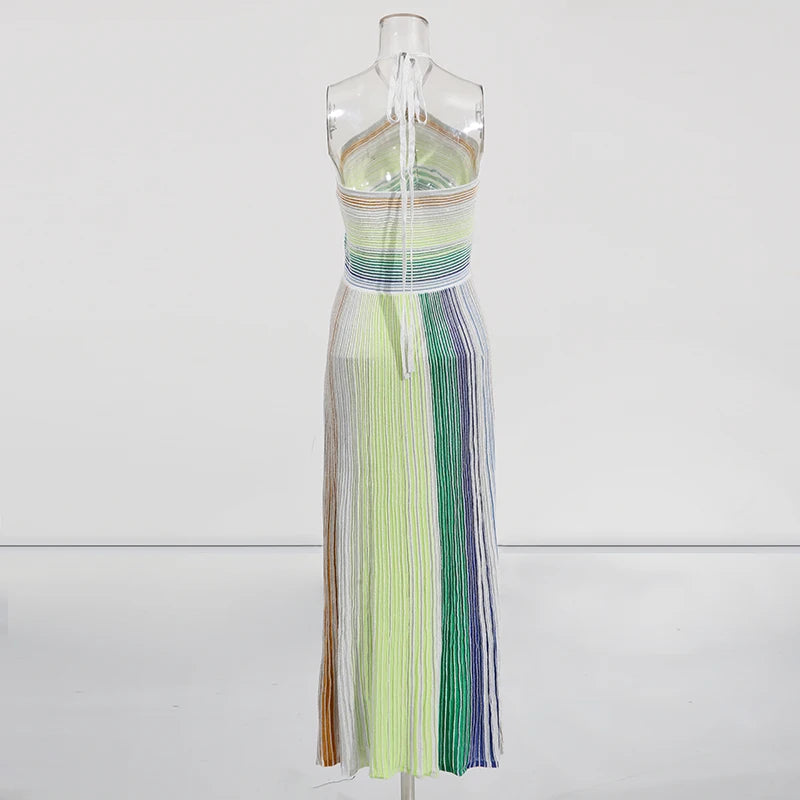 TWOTWINSTYLE Colorblock Spliced Striped Fashion Dresses for Women Halter Neck Sleeveless Patchwork Bright Silk Dress Female New