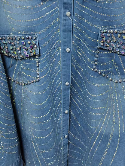 New In Autumn Sparkle Diamonds Mid-length Denim Shirts & Blouses For Women's Fashion Trend 2024   Tops Blusas Woman Clothes