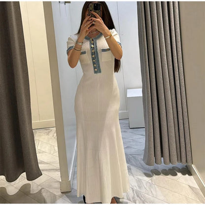 Elegant Denim Patchwork Knitted Long Dress