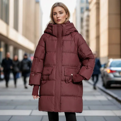 Stand Collar Hooded Parkas Pockets Coats Women Knee Length Thick Warm Jacket