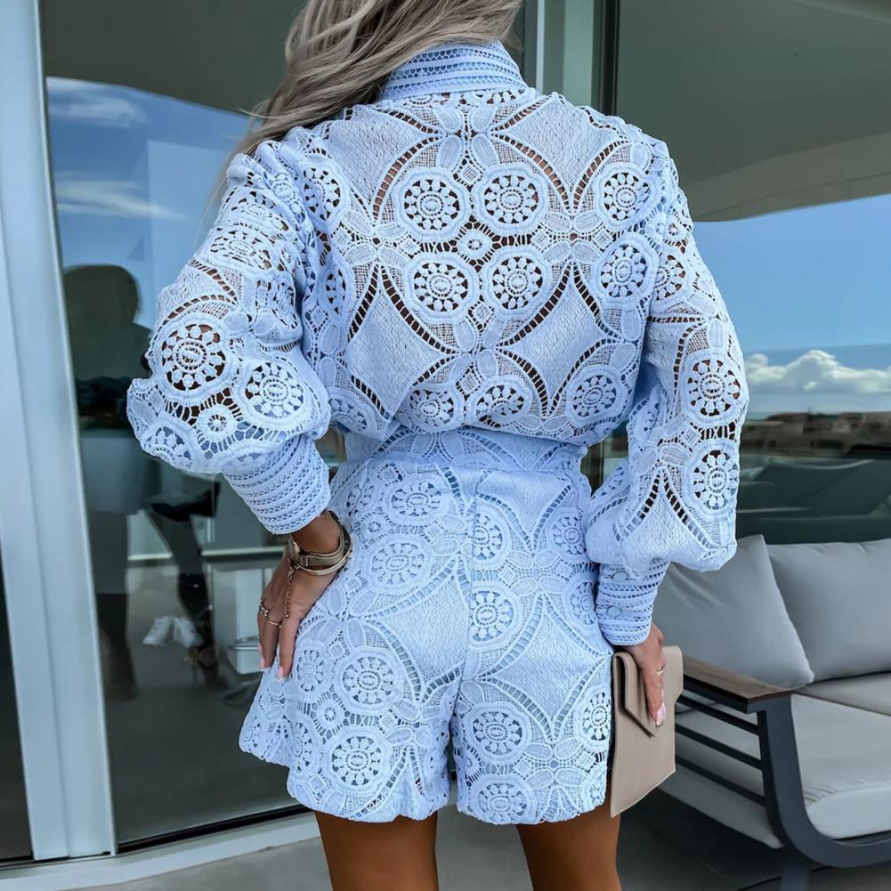 Elegant Lace Embroidered Blouse & Wide-Leg Shorts Set - Shellss