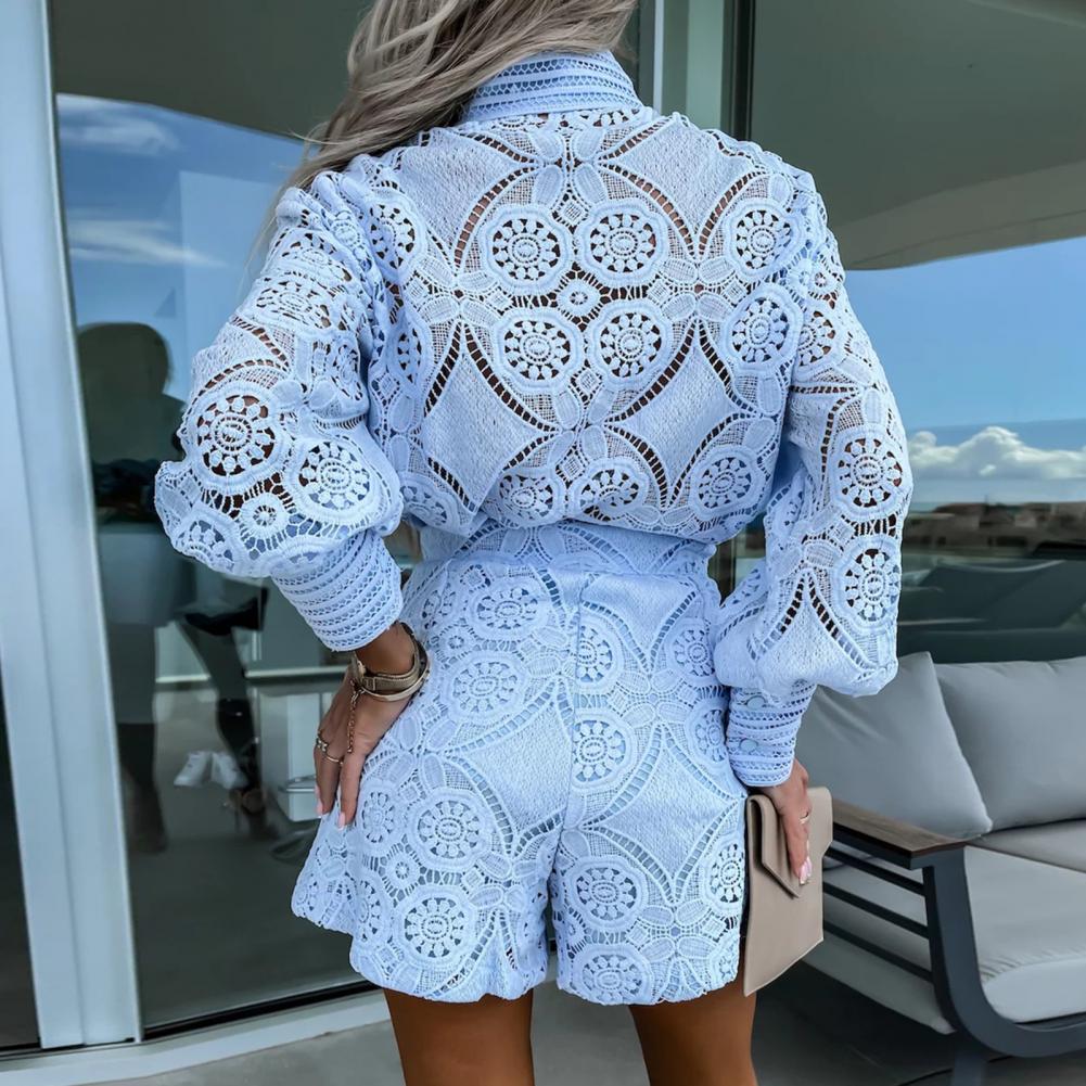 Elegant Lace Embroidered Blouse & Wide-Leg Shorts Set