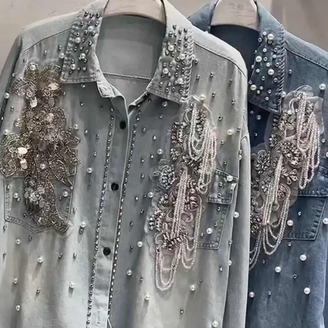 Crystal tassel embellished Denim Shirts