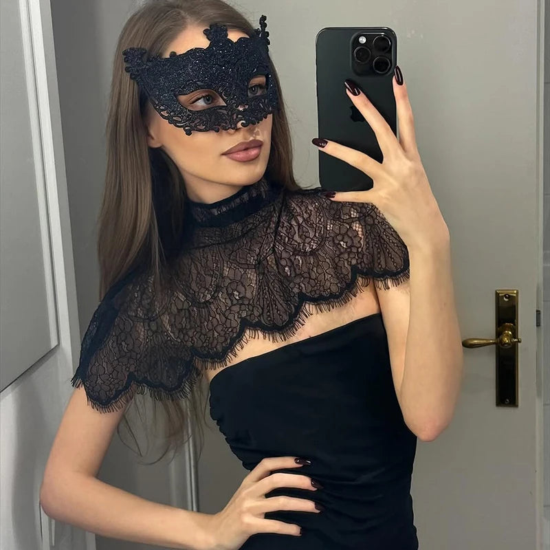 Black Lace Patchwork Strapless Dress Women Sexy Cape Shawl Waist Cinching Slim Mini Dresses Lady Evening Club Party Gowns 2026 - Shellss
