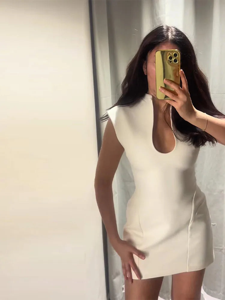 Elegant Solid Women's Dress Stand Collar Hollow Out Sleeveless Waist-Closed Lady Mini Dresses 2026 Spring Summer Female Robe