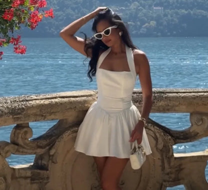 White halter neck dress
