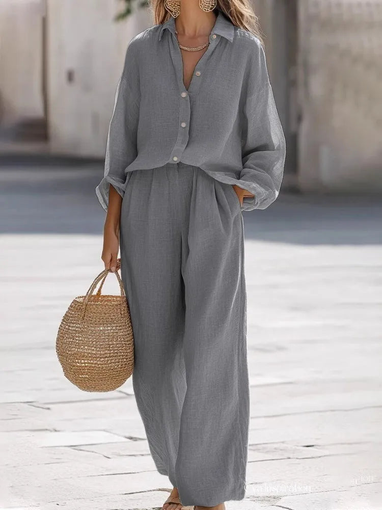 Linen Shirt Pants Suits Casual Two Piece Set