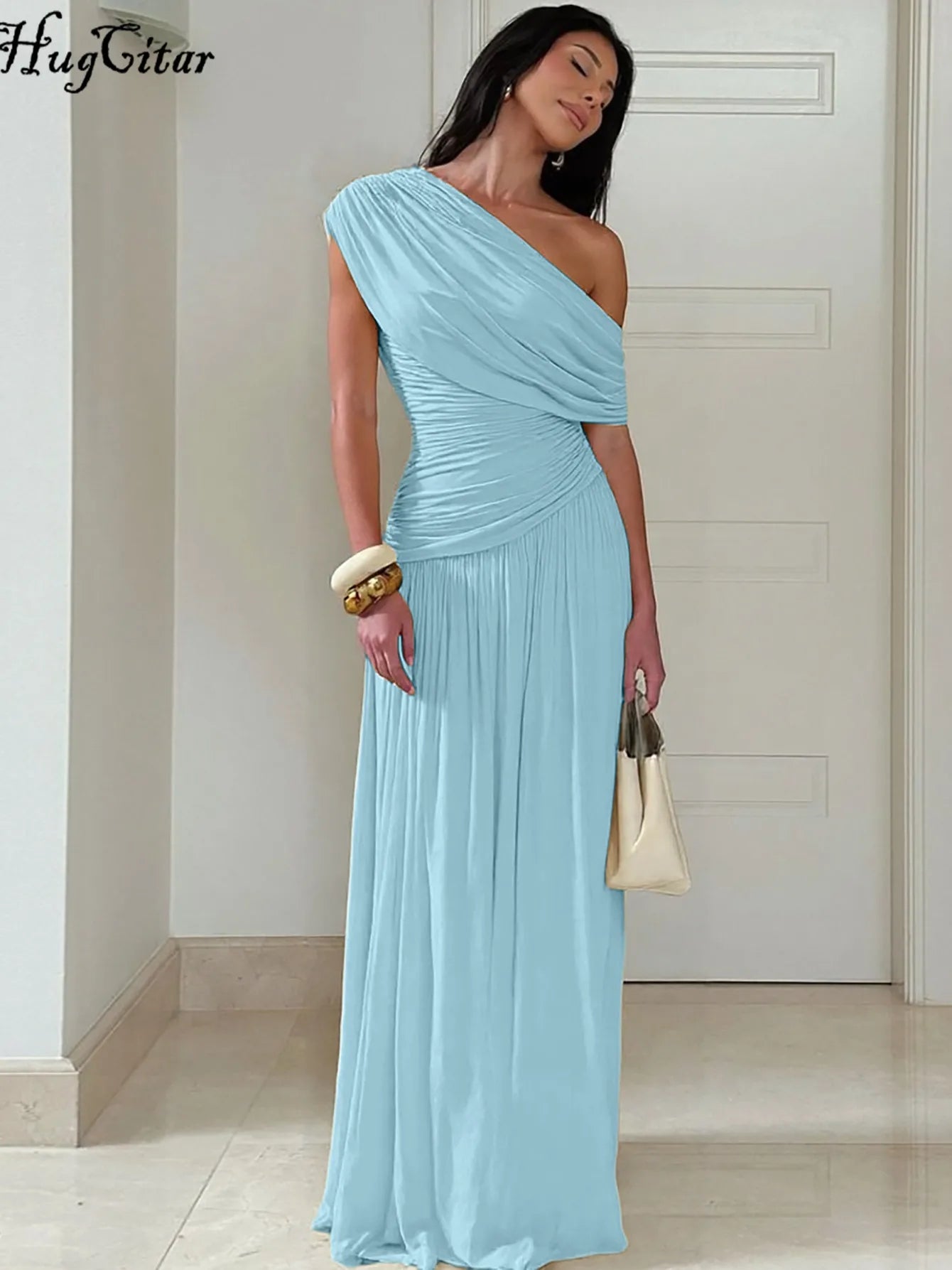 Hugcitar One Shoulder Ruched Sleeveless Solid Pleated Sexy Irregular Y2K Maxi Dress Summer Elegant Party Women Clothes Vacation - Shellss