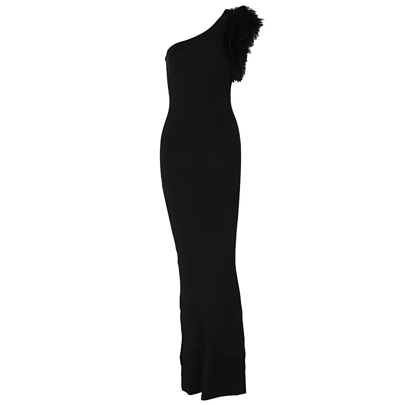 Dulzura Black Sleeveless One Shoulder Feather Maxi Premium