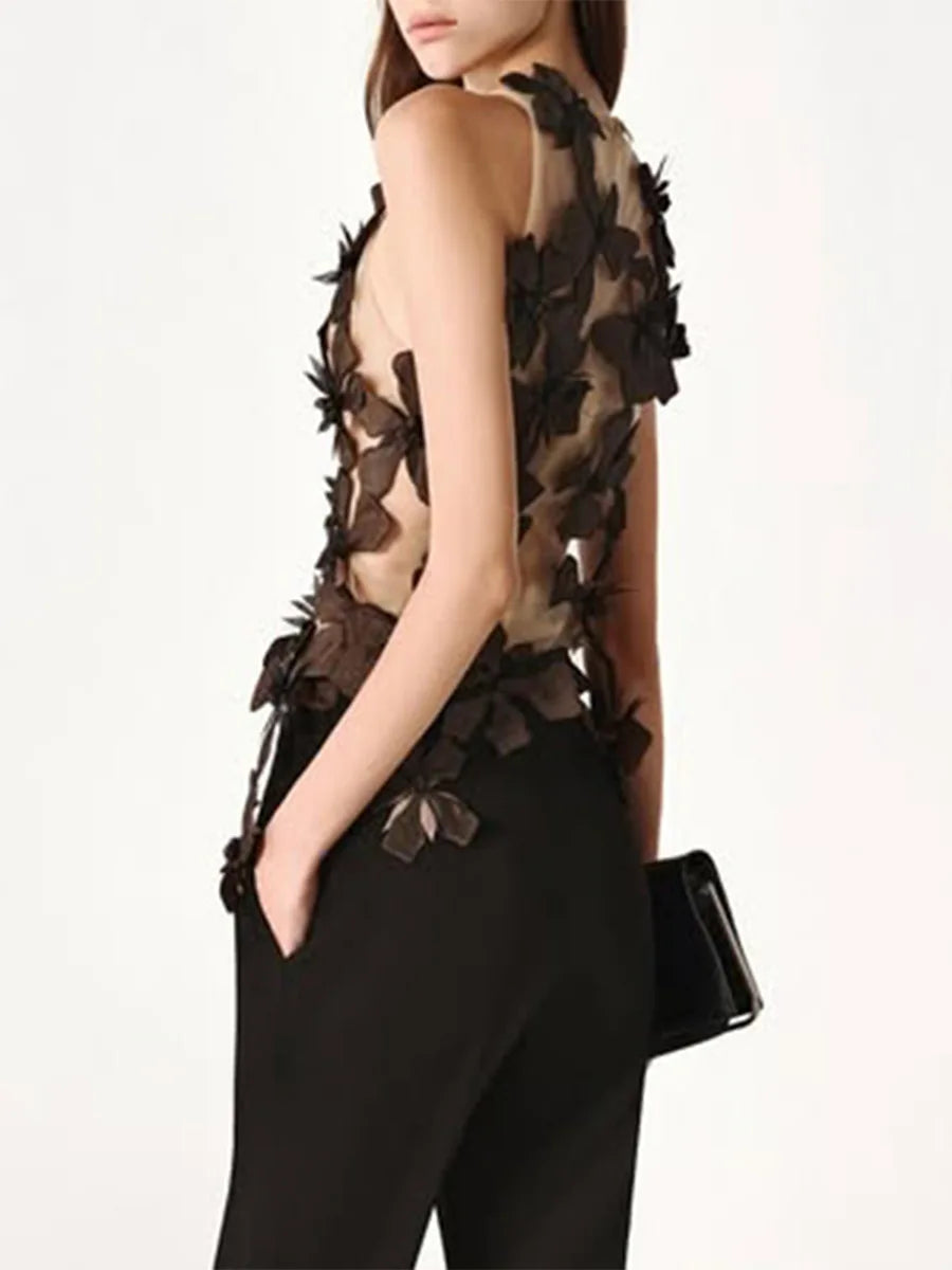 Sheer black flowers Mesh Top