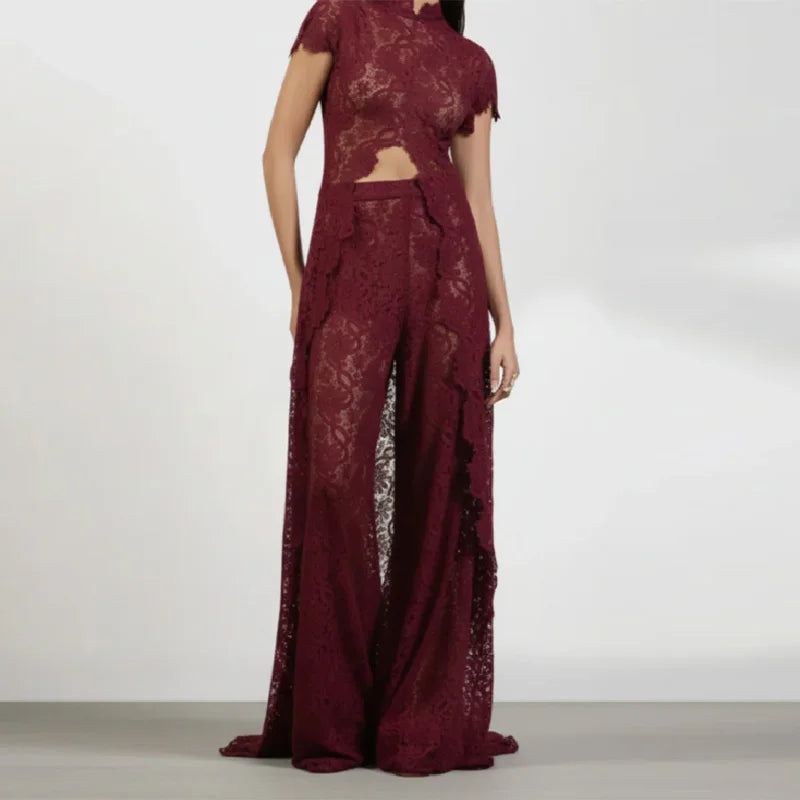 Chic Hollow Out Lace Long Cardigan Pant Sets Short Sleeve O Neck Crop Top High Waist Big Leg Lace Trousers 2026 New Lady Outfits