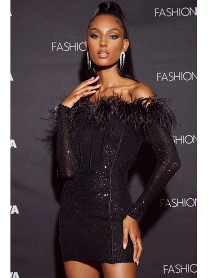 New premium Women Sexy Off Shoulder Feathers Sparkly Bodycon Dress