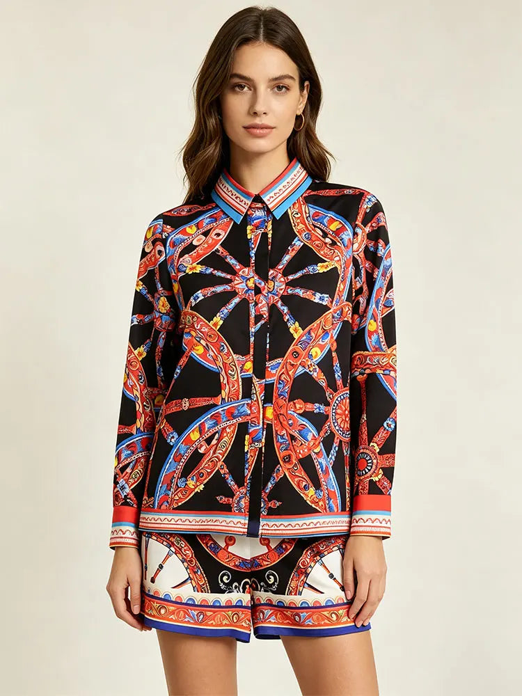 Retro lapel single-breasted long-sleeved shirt spring and summer new women's two-piece pants+high waist shorts fashion suit - Shellss