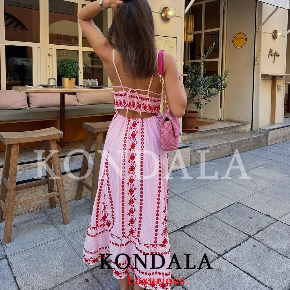 KONDALA Vintage Boho Embroidery Pink Cami Dress Women Backless Lace Up Holiday Beach Dress Fashion 2026 Summer Elegant Dress