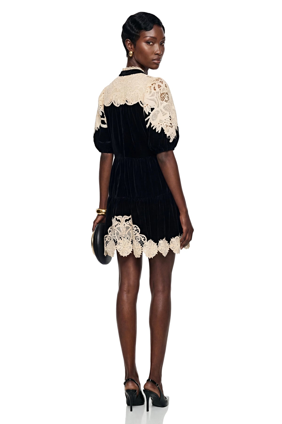 Customized Black Velvet Mini Dress Beige Crochet Lace Patchwork Puff Sleeve Bow Tie Neck Vintage Short Dress Elegant Party Dress - Shellss