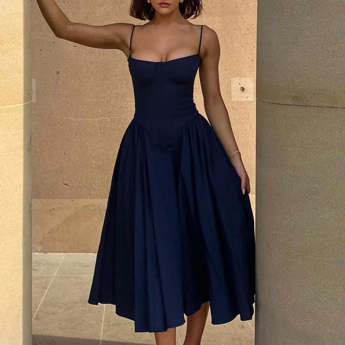 Suninheart Spaghetti Strap Summer Party Dresses 2025 New Arrivals Fit and Flare Elegant Midi Dress Red Night Date Dress - Shellss