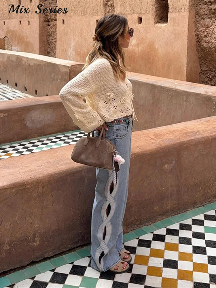 Fashion Side Hollow Out Jeans Women's High Waist Straight Leg Denim Pants 2026 Summer New Lady Trendy Casual Streetwear