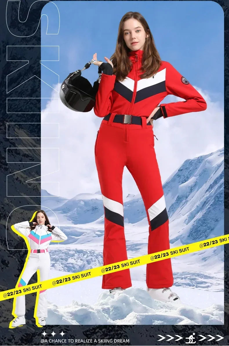 Winter Overalls Women Slim Fitting Ski Suit One-Piece Jumpsuits Wind Proof