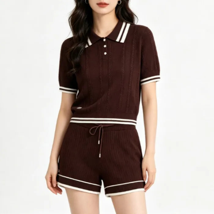 Summer 2026 Ice Silk Knitted  Collar Short Sleeve Shorts Set Women's Casual Loose Fit Striped Pattern Button Closure