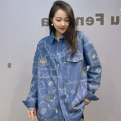 Women Hot Drilling Animals Sequined Denim Shirt Autumn Rhinestones Jeans Jacket Crystal Cowboy Cardigan Single Breasted Tops